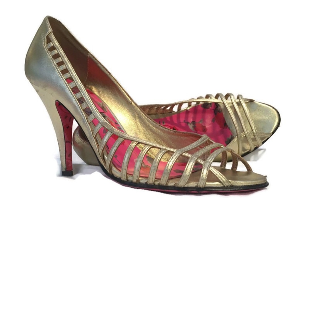 Betsey Johnson shiny gold open toe heels